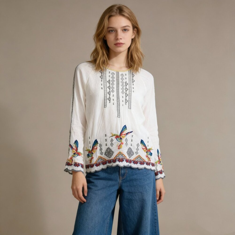 NWD Johnny Was Tessa Hummingbird Boho Embroidered Floral Shirt Blouse Sz S